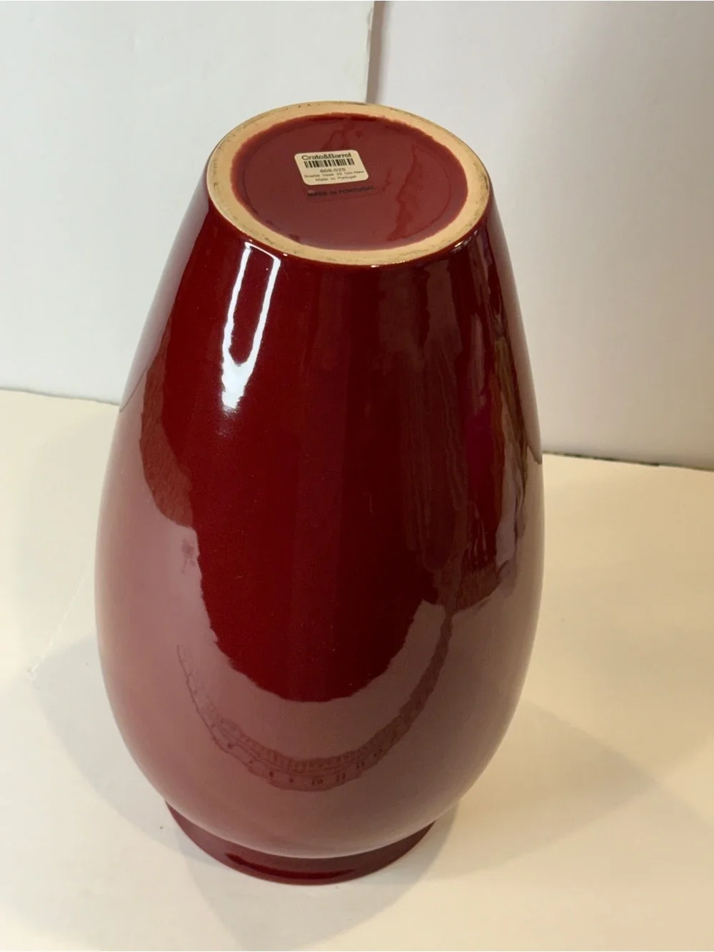 12” Crate & Barrel Scarlet Red 🌺Ceramic Vase Portugal Glossy Modern Decor
